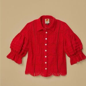 FARM Rio Red Eyelet Pineapple-Pattern Blouse
